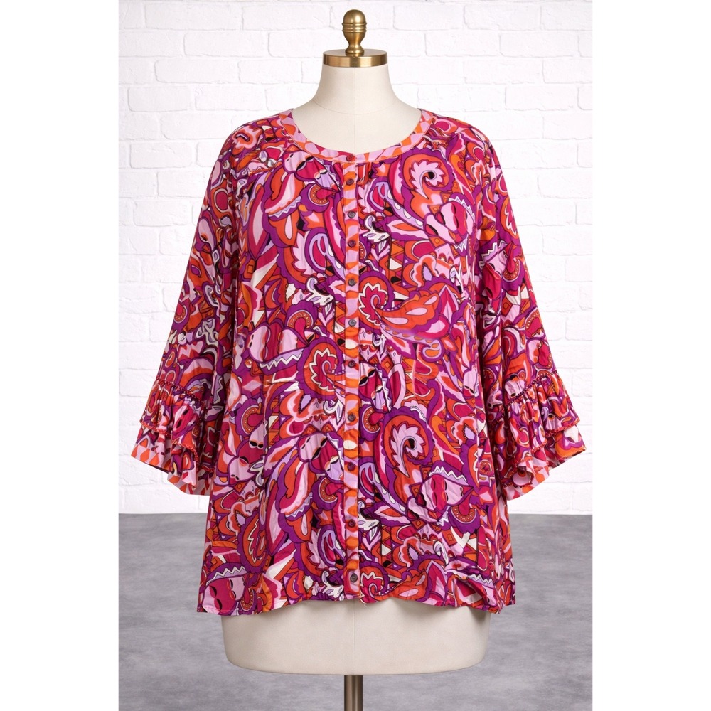 Susan Graver Passport Paisley Tunic Blouse Womens 2X Button Front 3/4 Sleeve